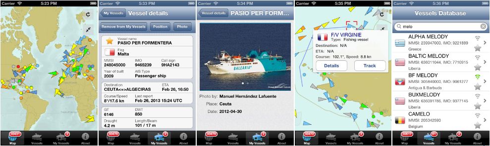 Preview of VesselFinder mobile application for for iPhone & iPad